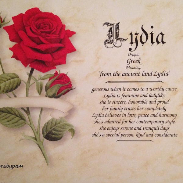 Lydia First Name Meaning Art Print-Name Meaning-Personalized-Red Rose Art-8x10-Home Decor-Birthday-Mother's Day-Graduation