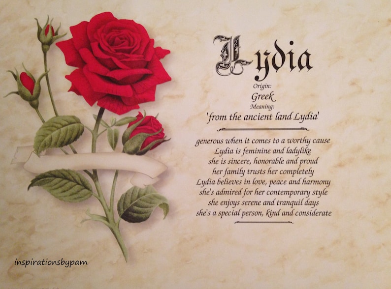 Lydia Prénom Signifiant Art PrintName MeaningPersonalizedRed Rose