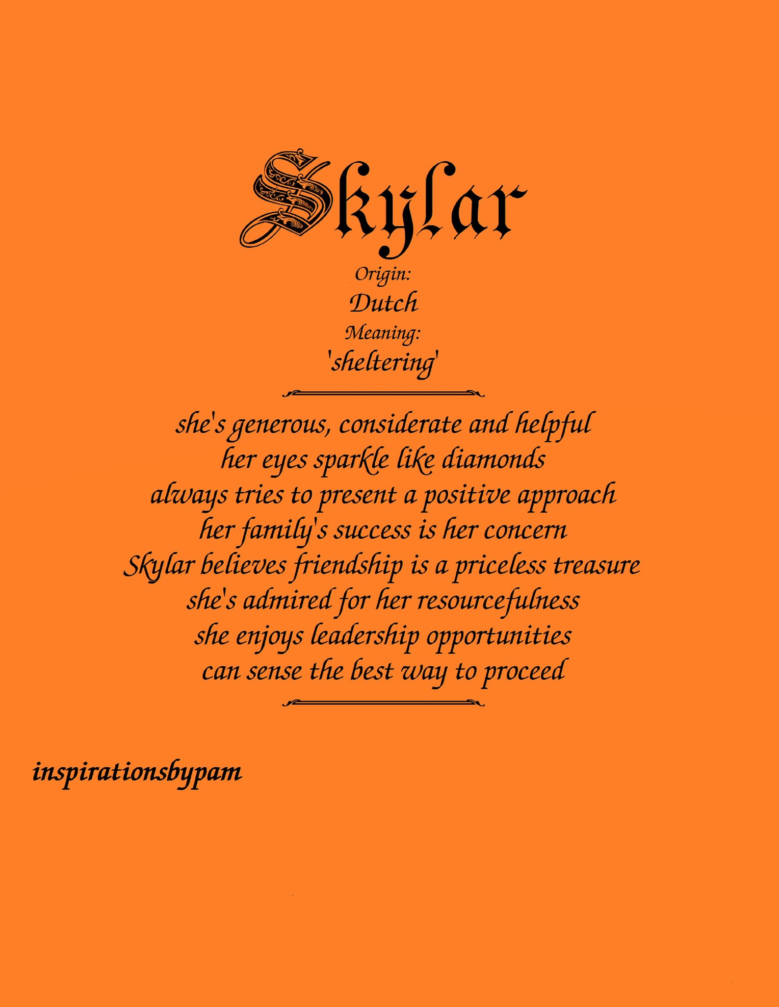 Personalized Skylar First Name Meaning Art Printany Name Meaningorange 8x10 Wall Art Print