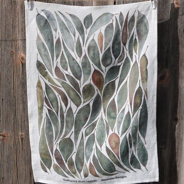 Gathered Gum Leaves Linen Tea Towel