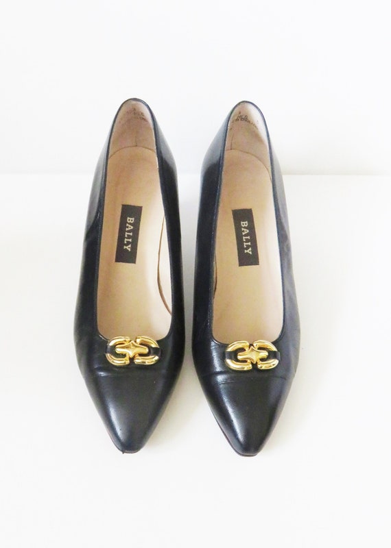 Vintage Bally Black Leather Court Shoes - Gold Buc