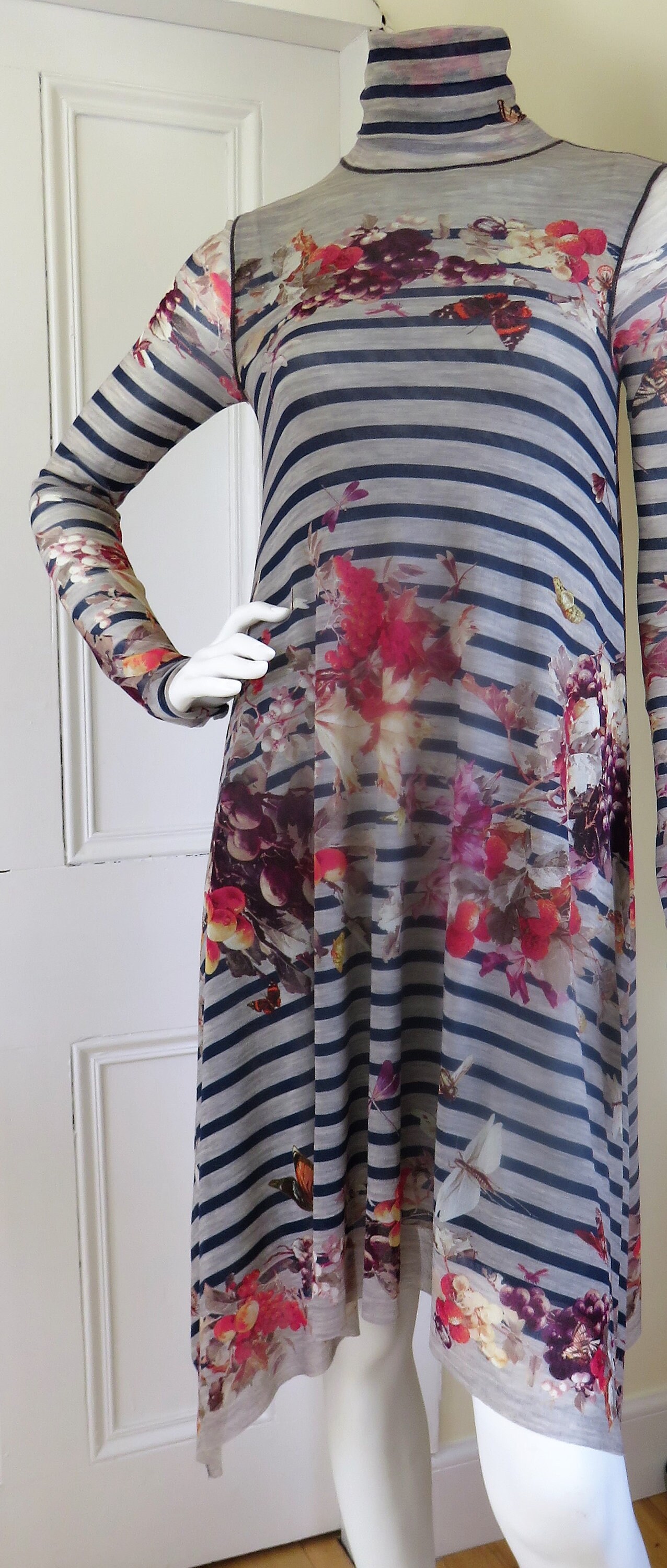 Image of Jean Paul Gaultier S Fruit Print Stretch Mesh Dress - Jpg Soleil Made in Italy Size Small