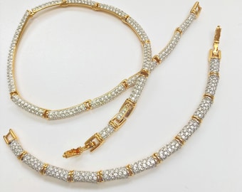 Signed Swarovski Glittering Gold Plated Necklace and Bracelet - Pave Set Sparkling Clear Swarovski Crystals