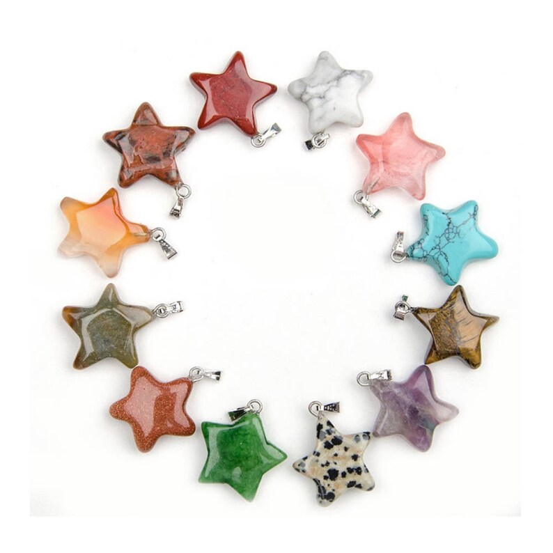 12 Piece Wholesale Lot Natural Stone Star Shape Pendants for DIY Jewelry Making Gemstone Beads for Necklace Quartz Turquoise Amethyst Etc