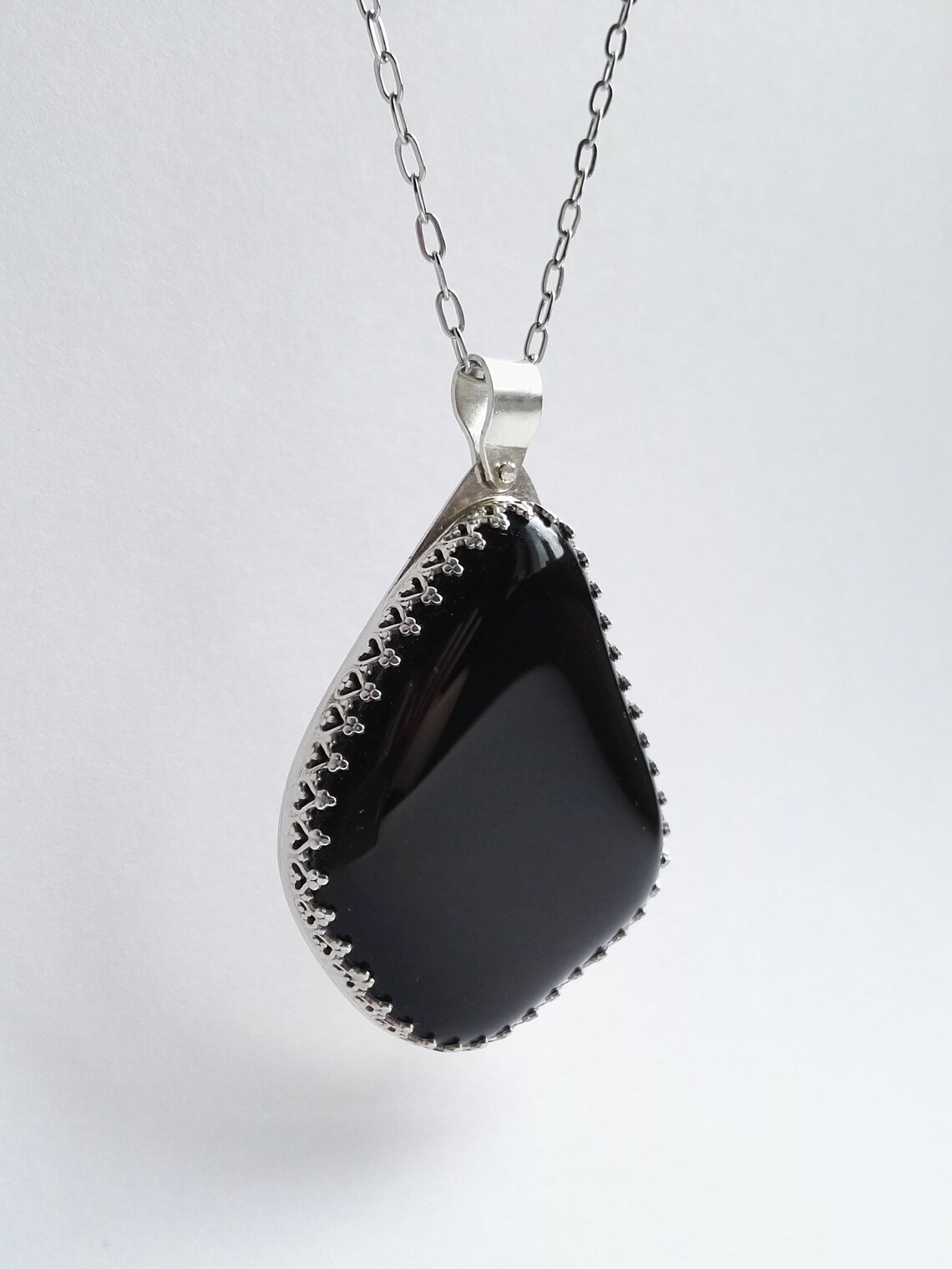 Long Black Necklace Glass Silver Pendant Black Gemstone Etsy UK