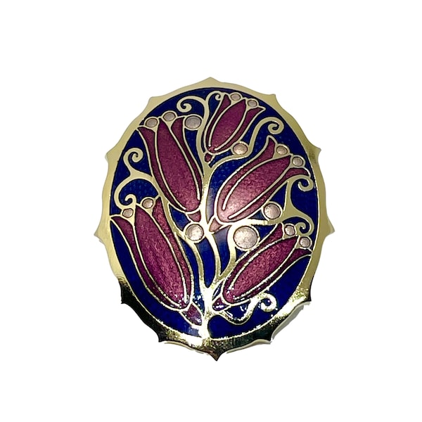 Large Vintage cloisonne enamel lily or bellflower brooch/pin by Fish and Crown (signed). Art Nouveau revival piece.