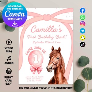 Horse First Birthday Invitation, Adorable Farm Theme Invite, Perfect for Celebrating Little One's Special Day, Kids Party Gift, Pink Bow