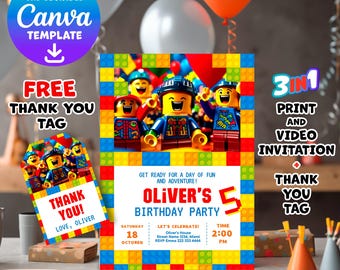 Puede incluir: Una invitación imprimible 3 en 1, una invitación de video y una etiqueta de agradecimiento para una fiesta de cumpleaños de 5 años. La invitación presenta un tema de Lego colorido con una foto de minifiguras de Lego. El texto de la invitación dice "¡Prepárate para un día de diversión y aventura! La fiesta de cumpleaños de Oliver por sus 5 años".