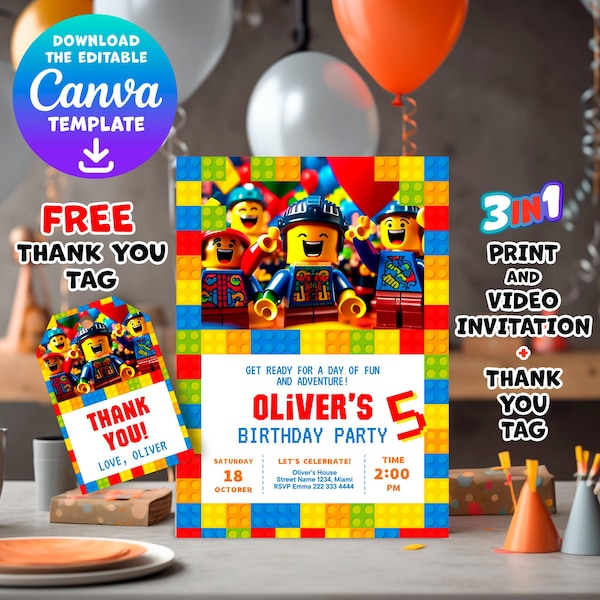 Editable Building Block Birthday Invitation, Printable & Video Canva Template with Thank You Tag