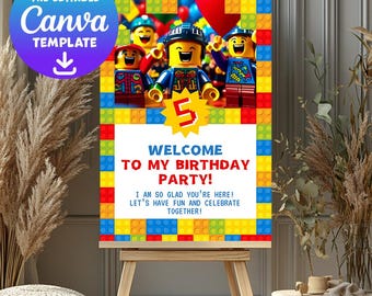 May include: A colorful birthday party sign featuring Lego minifigures. The sign says "Welcome to my birthday party! I am so glad you're here! Let's have fun and celebrate together!"
