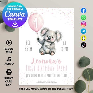 Koala First Birthday Invitation, Charming and Editable Template for Your Child’s Special Day, Great for Party Announcements