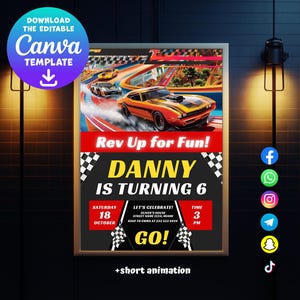 Racing Birthday Invitation – Editable Canva Template Colorful Hot Cars Digital Art Invitation - Customizable invitation