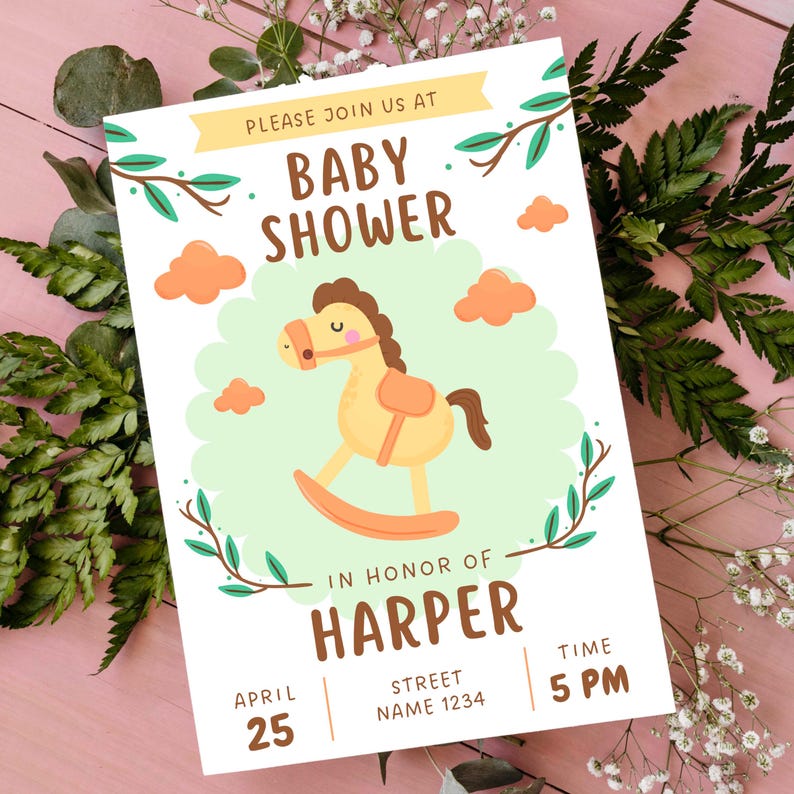 Custom Rocking Horse Baby Shower Invite Editable Digital Invitation