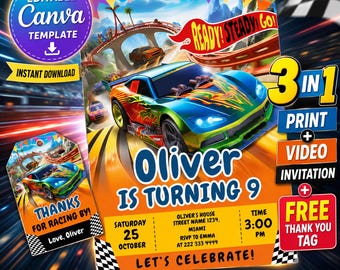 Race Car Birthday Invitation Bundle, Editable Canva Template, Animated Video Invite & Thank You Tags