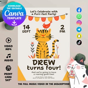 Tiger Birthday Invitation - Printable Jungle Safari Birthday Invite - Customizable Digital Art for Kids Parties