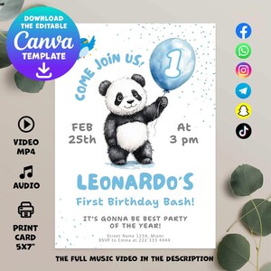 Panda First Birthday Invitation – Cute 1st Birthday Bash Invite – Editable Digital Download for Baby Boy – Blue Printable Template