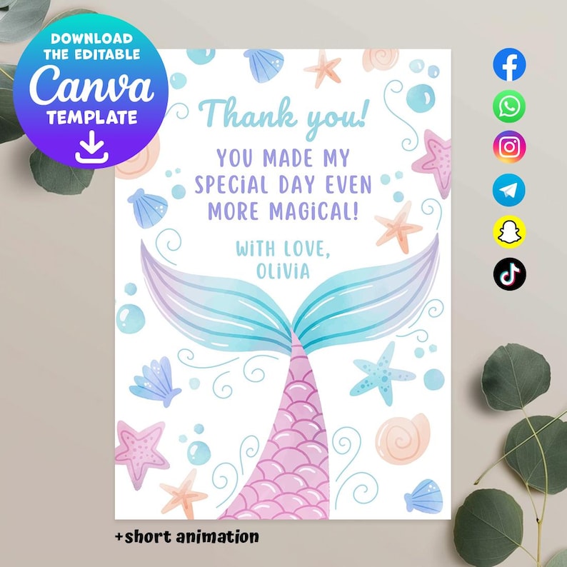 Mermaid Style Thank You Card Cute Underwater Thank You Note for Kids