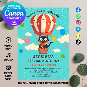 Hot Air Balloon Cat Birthday Invitation, Fun Kids' Party Invite