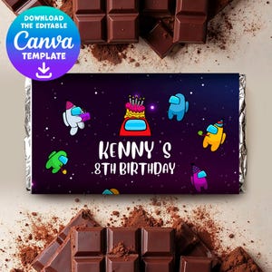 May include: A printable chocolate bar wrapper design featuring a space-themed design with characters from the video game Among Us. The wrapper has a purple background with stars and planets. The text on the wrapper reads "Kenny's 8th Birthday".