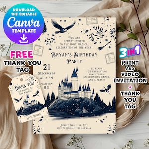 Wizard Birthday Invitation: Magic Theme, Editable Template (Video + Printable + Thank You Tag)