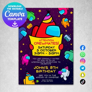 Editable Among Us Birthday Invitation - Fun Kids Party Invite, Digital Canva Template