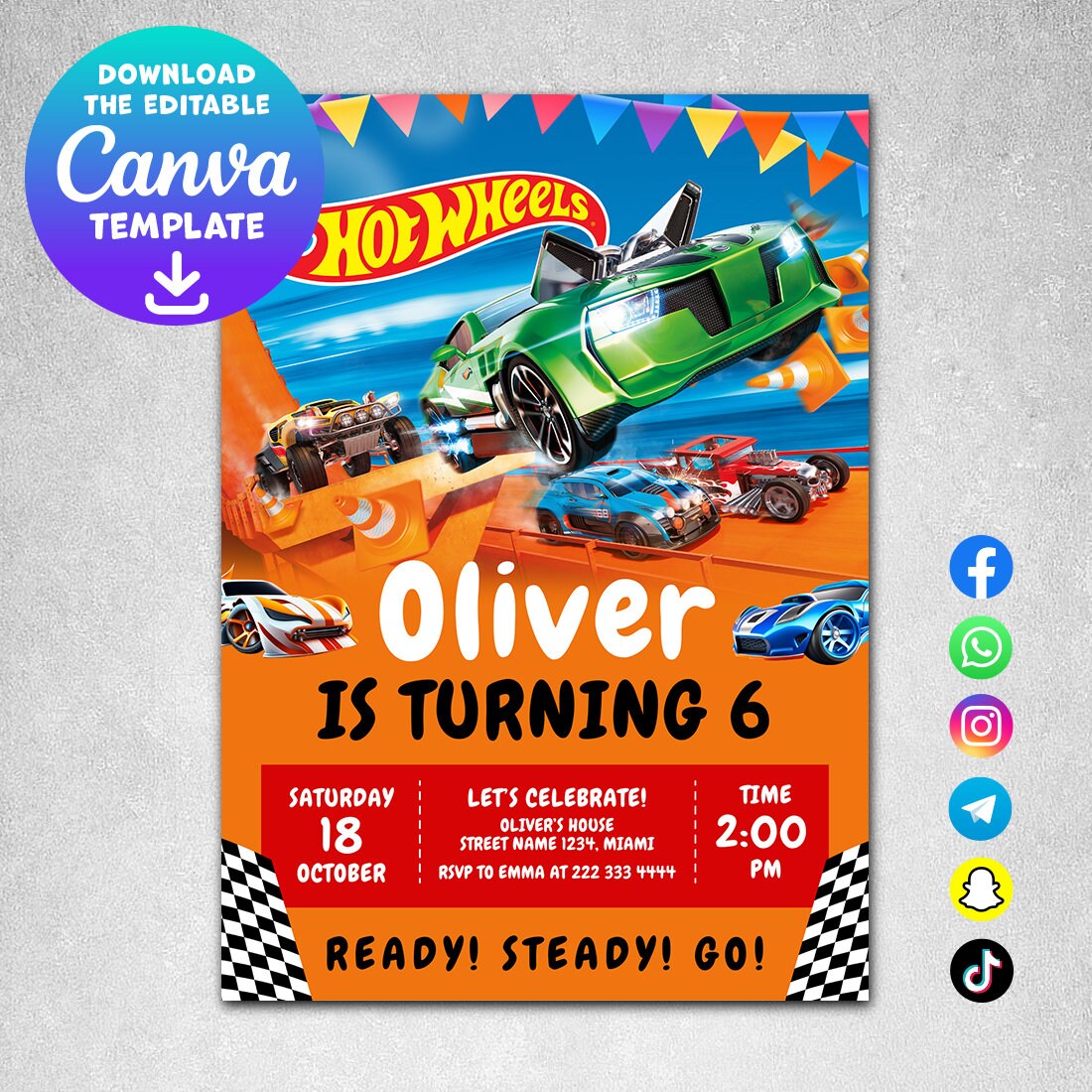 Hot Wheels Birthday Invitation Card, Printable Invitation, Phone