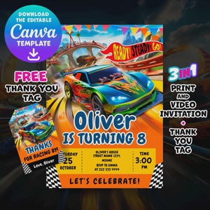 Race Car Birthday Invitation: Hot Cars Party (Printable + Video + Thank you Tags)