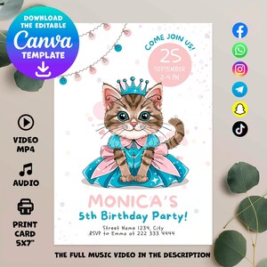 Princess Cat Birthday Invite, Charming Print & Digital Invite with Video, Perfect for a Feline-Themed Celebration, Gift Ideas for Kids
