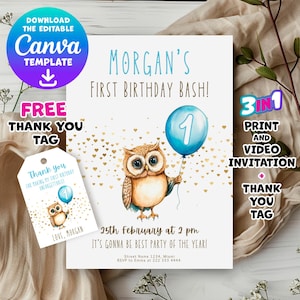 Owl 1st Birthday Invitation - Adorable printable invite for your child's first birthday, includes digital MP4, perfect for party fun!