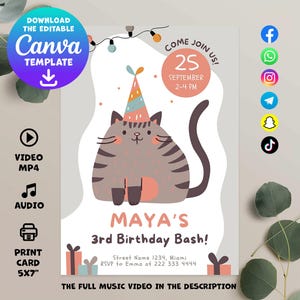 Cat Birthday Invitation - Cute 3rd Birthday Invite with Digital Version & Video MP4 - Perfect for Animal Lovers' Kids Parties