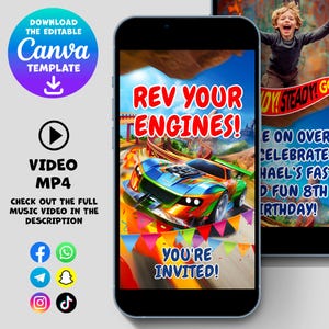 Invitation vidéo d'anniversaire de voiture de course - Invitation animée modifiable pour des fêtes de course d'enfants captivantes, idéale pour les petits moteurs