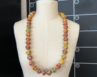 Orange/Red Hand Painted Paper Bead Necklace