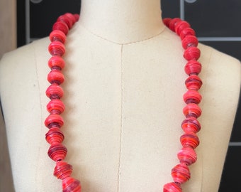 Pink/Red Hand Painted Paper bead necklace