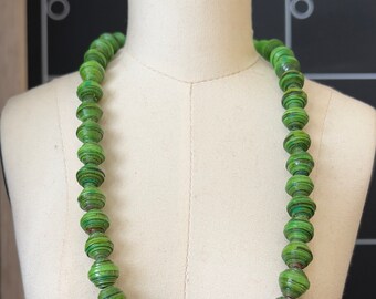 Green Hand-painted Paper Bead Necklace