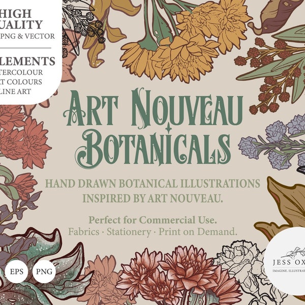 Art Nouveau Botanical Clipart, Vector Clipart Graphics, Flower PNG Clipart, vintage Botanicals, Aquarelle Floral Clipart, Vector Florals