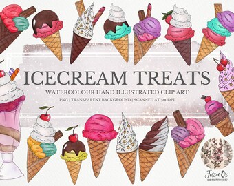 Icecream Clip Art, Summer Clip Art, Icecream Party, Watercolor Clip Art, Food Clip Art, Digital Clipart, Sweets, Clipart, Summer Treats,