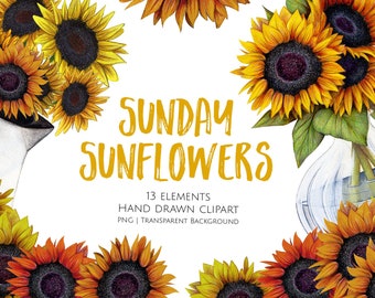 Sunflower Clipart, Sunday Sunflower, Floral Clipart, Flower Clipart, Summer Clipart, Sunflower Wedding, Floral Art, Planner Art, Shabby Chic