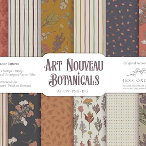 Art Nouveau Botanical Seamless Patterns, 12 Botanical Repeating Patterns, Vector Seamless Patterns, Vintage Floral Patterns, Seamless Bundle image 1