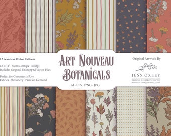 Motifs sans soudure botaniques Art Nouveau, 12 motifs répétitifs botaniques, motifs vectoriels sans soudure, motifs floraux vintage, ensemble sans couture