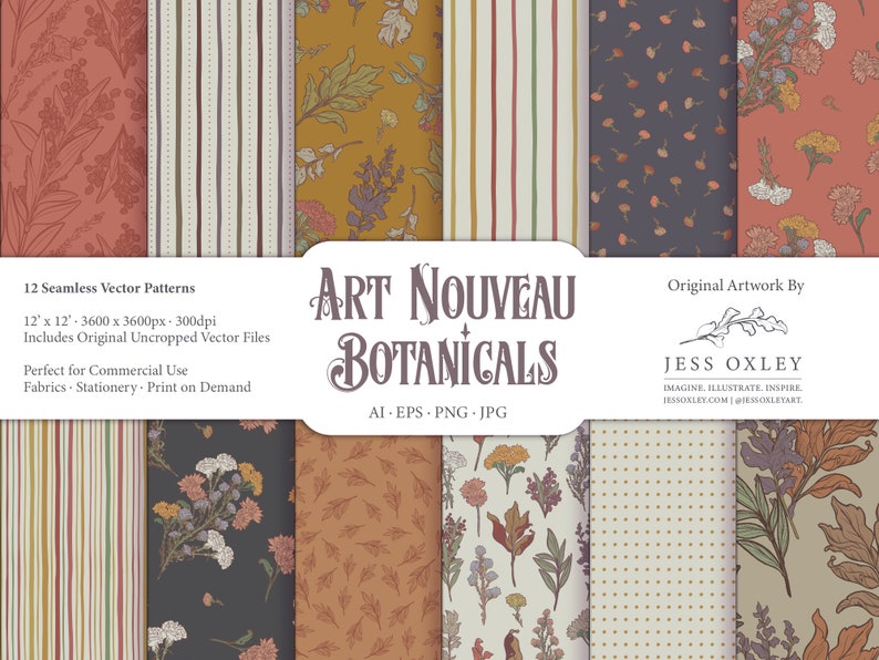 Art Nouveau Botanical Seamless Patterns, 12 Botanical Repeating Patterns, Vector Seamless Patterns, Vintage Floral Patterns, Seamless Bundle image 1