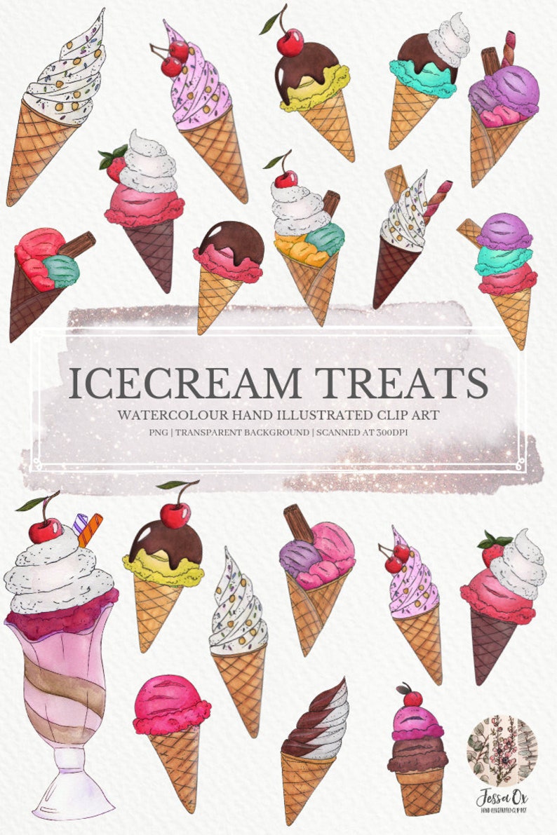 Icecream Clip Art, Summer Clip Art, Icecream Party, Watercolor Clip Art, Food Clip Art, Digital Clipart, Sweets, Clipart, Summer Treats, imagen 4