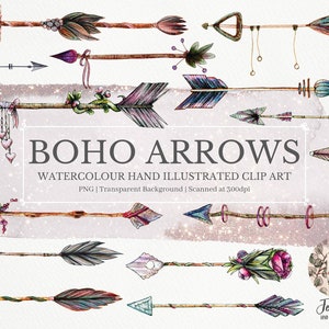 May include: A set of 15 watercolour boho arrows with various designs, including feathers, hearts, and floral elements. The arrows are hand-painted and have a rustic, bohemian style.  BOHO ARROWS WATERCOLOUR HAND ILLUSTRATED CLIP ART PNG | Transparent Background | Scanned at 300dpi