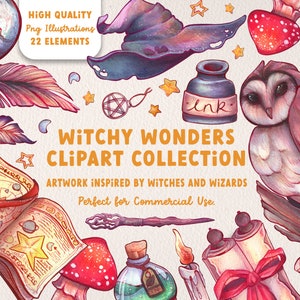 Witchy Wonders Clipart Collection, Watercolor Clipart, Witch PNG, Witch Aesthetic, Wizard Clipart, Hand Drawn Clipart, NoAI, Traditional Art