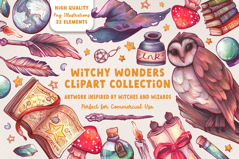 Witchy Wonders Clipart Collection, Watercolor Clipart, Witch PNG, Witch Aesthetic, Wizard Clipart, Hand Drawn Clipart, NoAI, Traditional Art image 1