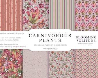 Carnivorous Plants Seamless Patterns, Repeating Pattern Collection, PNG Seamless Patterns, Vintage Botanicals, Watercolour Floral Patterns