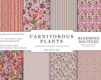 Carnivorous Plants Seamless Patterns, Repeating Pattern Collection, PNG Seamless Patterns, Vintage Botanicals, Watercolour Floral Patterns