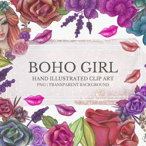 Boho Girl, Boho Florals, Boho Flowers, Clipart, Clipart féminin, Floral Clipart, Planner Clipart, Greeting Cards, Scrapbooking