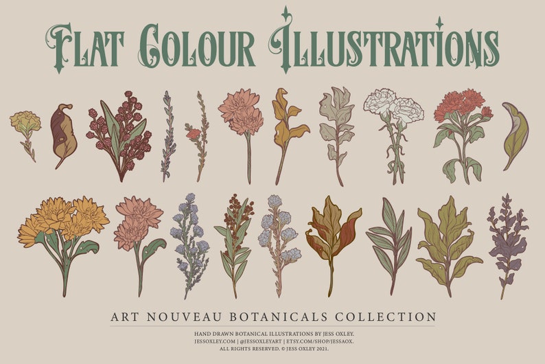 Art Nouveau Botanical Clipart, Vector Clipart Graphics, Flower PNG Clipart, Vintage Botanicals, Watercolour Floral Clipart, Vector Florals image 2