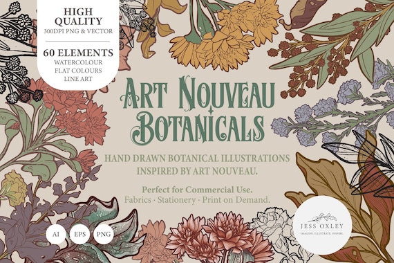 Art Nouveau Botanical Clipart, Vector Clipart Graphics, Flower PNG Clipart, Vintage Botanicals, Watercolour Floral Clipart, Vector Florals