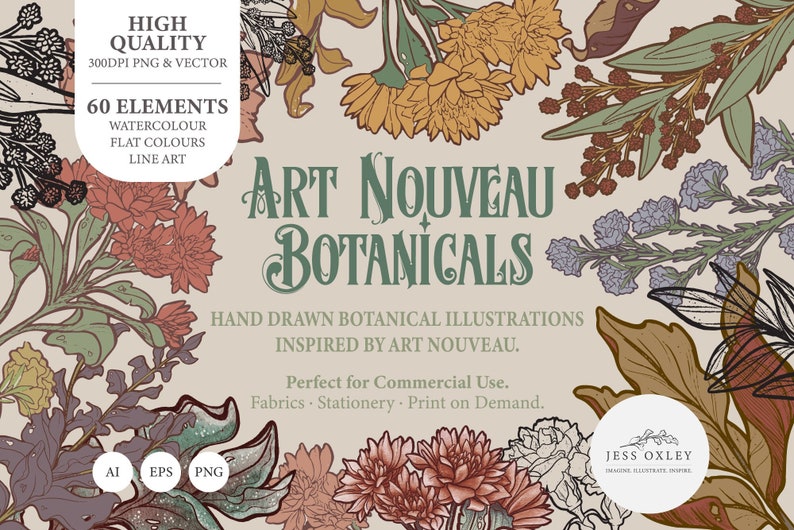 Art Nouveau Botanical Clipart, Vector Clipart Graphics, Flower PNG Clipart, Vintage Botanicals, Watercolour Floral Clipart, Vector Florals image 1